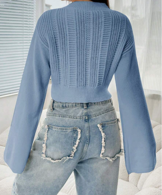 סוודר סרוג בכבלים לנשים, צווארון עומד ושרוולים מתרחבים