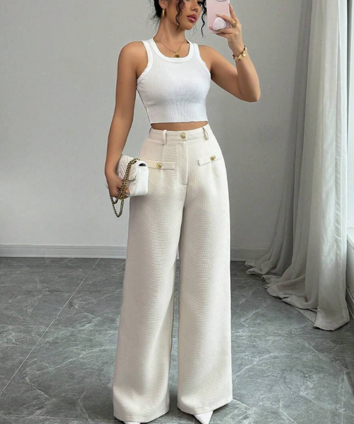 מכנסיים רחבים ארוגים בצבע משמש, ל