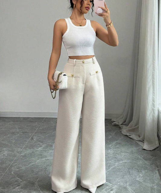 מכנסיים רחבים ארוגים בצבע משמש, ל