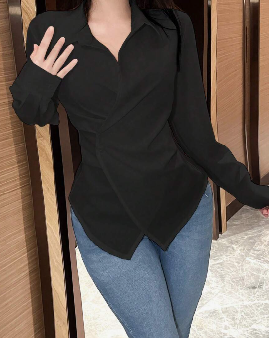 חולצת עטיפה עם שרוולים ארוכים בצבע חלק