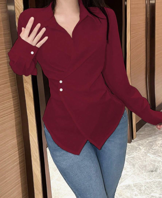 חולצת עטיפה עם שרוולים ארוכים בצבע חלק