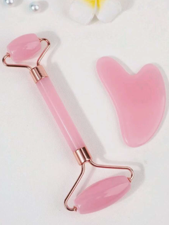 סט כלי עיסוי יופי לפנים 2 יחידות, עם מכשיר עיסוי רולר ולוח גירוד, לגוף ולגב, ורוד/לבן