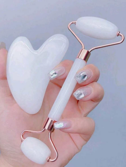 סט כלי עיסוי יופי לפנים 2 יחידות, עם מכשיר עיסוי רולר ולוח גירוד, לגוף ולגב, ורוד/לבן