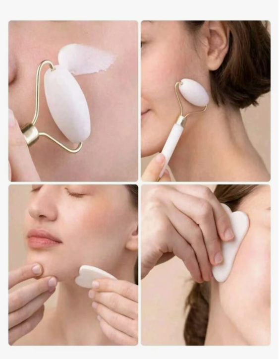 סט כלי עיסוי יופי לפנים 2 יחידות, עם מכשיר עיסוי רולר ולוח גירוד, לגוף ולגב, ורוד/לבן