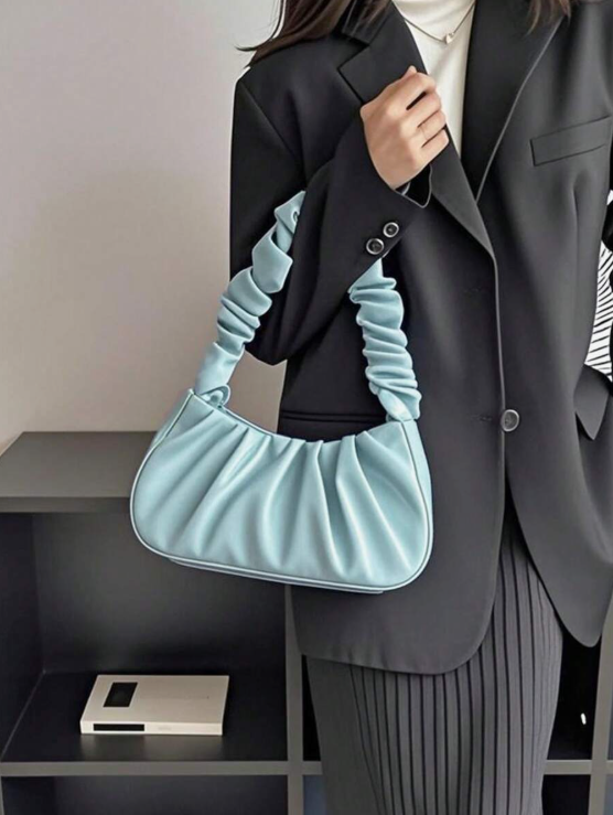 תיק כתף מינימליסטי אלגנטי PU כחול עם קפלים מרופד