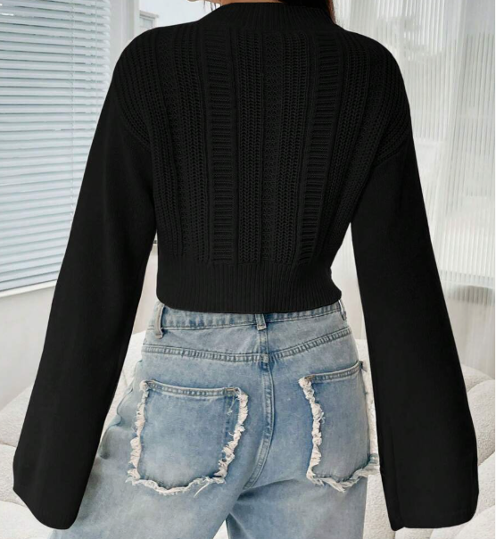 סוודר סרוג בכבלים לנשים, צווארון עומד ושרוולים מתרחבים