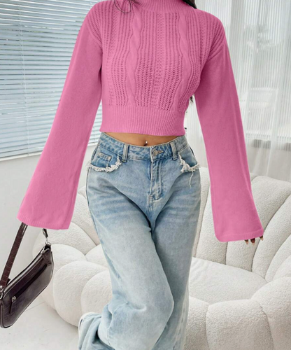 סוודר סרוג בכבלים לנשים, צווארון עומד ושרוולים מתרחבים