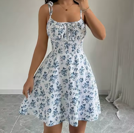 שמלת חוף קצרה עם רצועות ספגטי פרחוניות לקיץ לנשים, שמלות לנשים, בגדי אישה, שמלת קיץ, חדשה לשנת 2025