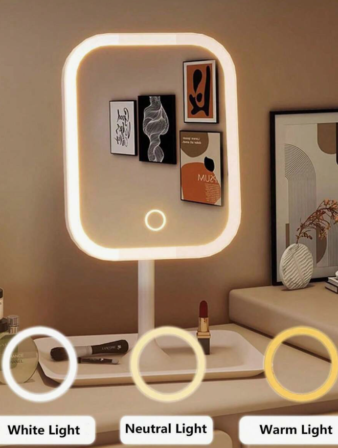 מראת איפור LED עם חיישן מגע, 3 מצבי תאורה צבעוניים - אור לבן, אור טבעי ואור חם, בהירות מתכווננת, מראת איפור שולחנית עם פונקציית טעינה USB